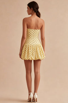 Yellow and Black Strapless A Line Short Polka Dots Dress