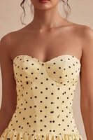 Load image into Gallery viewer, Yellow and Black Strapless A Line Short Polka Dots Dress