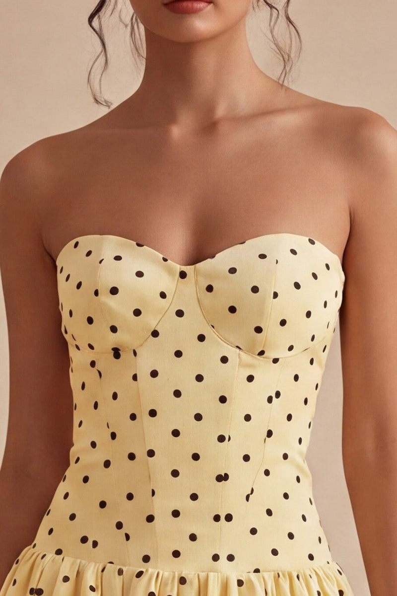 Load image into Gallery viewer, Yellow and Black Strapless A Line Short Polka Dots Dress