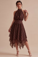 Load image into Gallery viewer, Coffee and White A Line High Neck Asymmetrical Polka Dots Dress