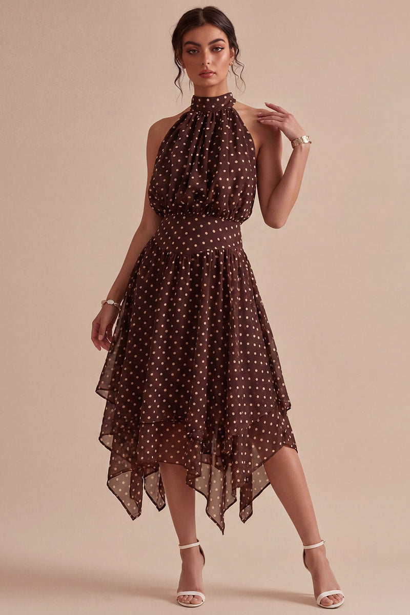 Load image into Gallery viewer, Coffee and White A Line High Neck Asymmetrical Polka Dots Dress