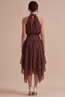 Load image into Gallery viewer, Coffee and White A Line High Neck Asymmetrical Polka Dots Dress