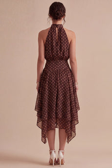 Coffee and White A Line High Neck Asymmetrical Polka Dots Dress