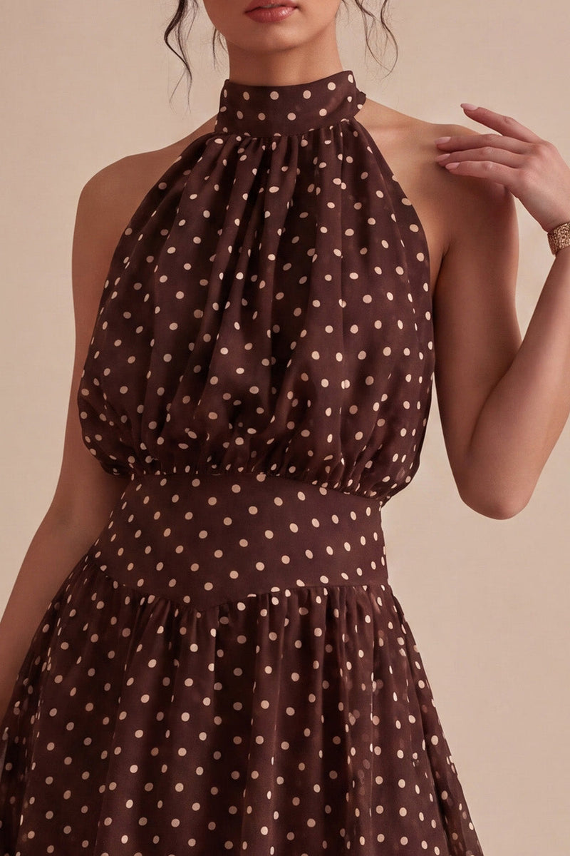 Load image into Gallery viewer, Coffee and White A Line High Neck Asymmetrical Polka Dots Dress