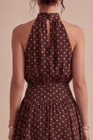 Load image into Gallery viewer, Coffee and White A Line High Neck Asymmetrical Polka Dots Dress