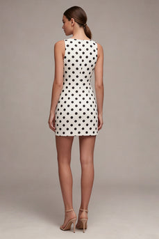 Short White and Black Tight Bateau Neck Polka Dots Dress