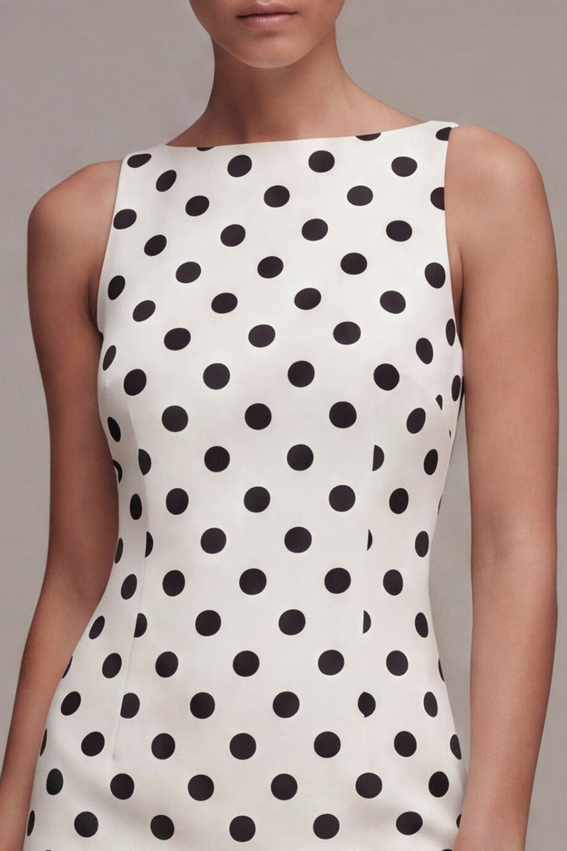Load image into Gallery viewer, Short White and Black Tight Bateau Neck Polka Dots Dress
