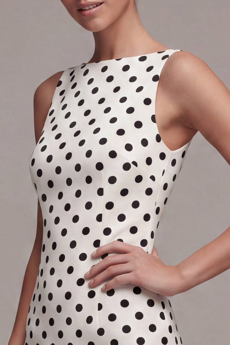 Load image into Gallery viewer, Short White and Black Tight Bateau Neck Polka Dots Dress