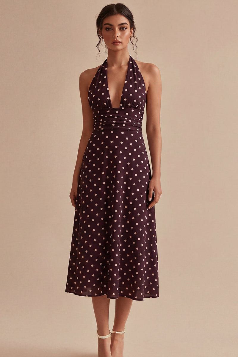 Load image into Gallery viewer, Halter Burgundy and White Maxi A Line Polka Dots Dress