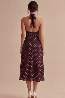 Halter Burgundy and White Maxi A Line Polka Dots Dress