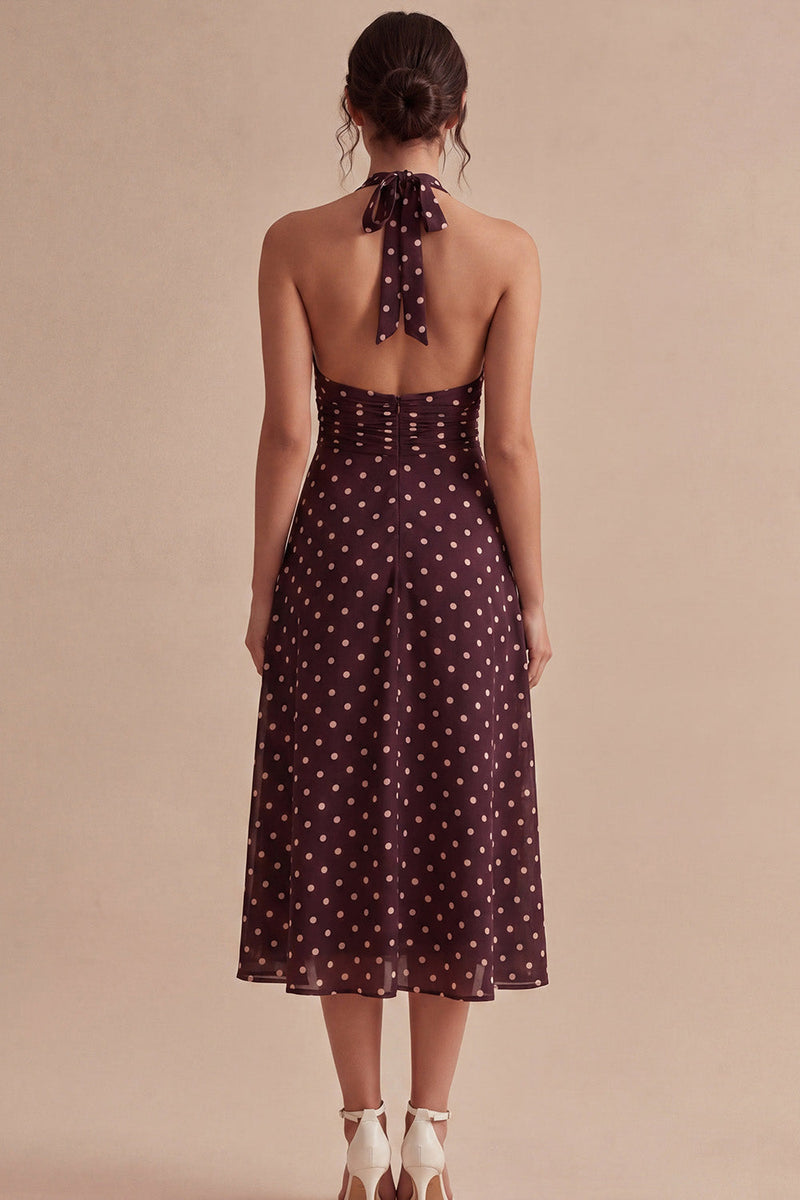 Load image into Gallery viewer, Halter Burgundy and White Maxi A Line Polka Dots Dress