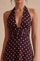 Load image into Gallery viewer, Halter Burgundy and White Maxi A Line Polka Dots Dress