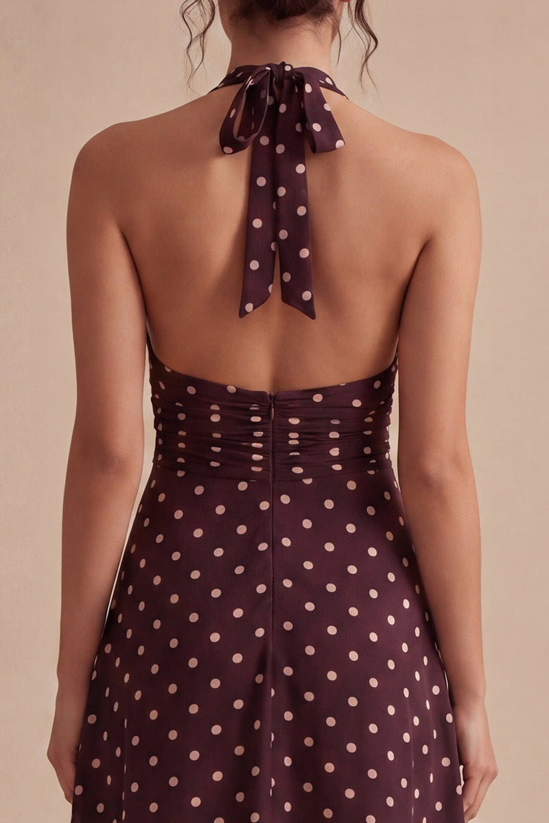 Load image into Gallery viewer, Halter Burgundy and White Maxi A Line Polka Dots Dress