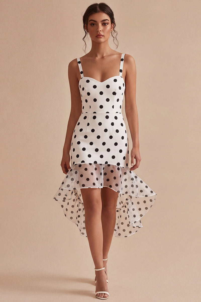 Load image into Gallery viewer, White and Black High Low Thick Straps Polka Dots Dress with Ruffles