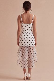 White and Black High Low Thick Straps Polka Dots Dress with Ruffles
