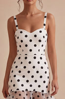 Load image into Gallery viewer, White and Black High Low Thick Straps Polka Dots Dress with Ruffles
