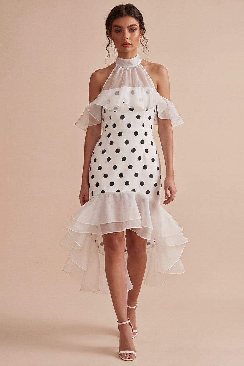 Load image into Gallery viewer, White and Black High Neck High Low Polka Dots Dress with Ruffles