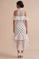 Load image into Gallery viewer, White and Black High Neck High Low Polka Dots Dress with Ruffles