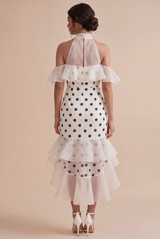 White and Black High Neck High Low Polka Dots Dress with Ruffles