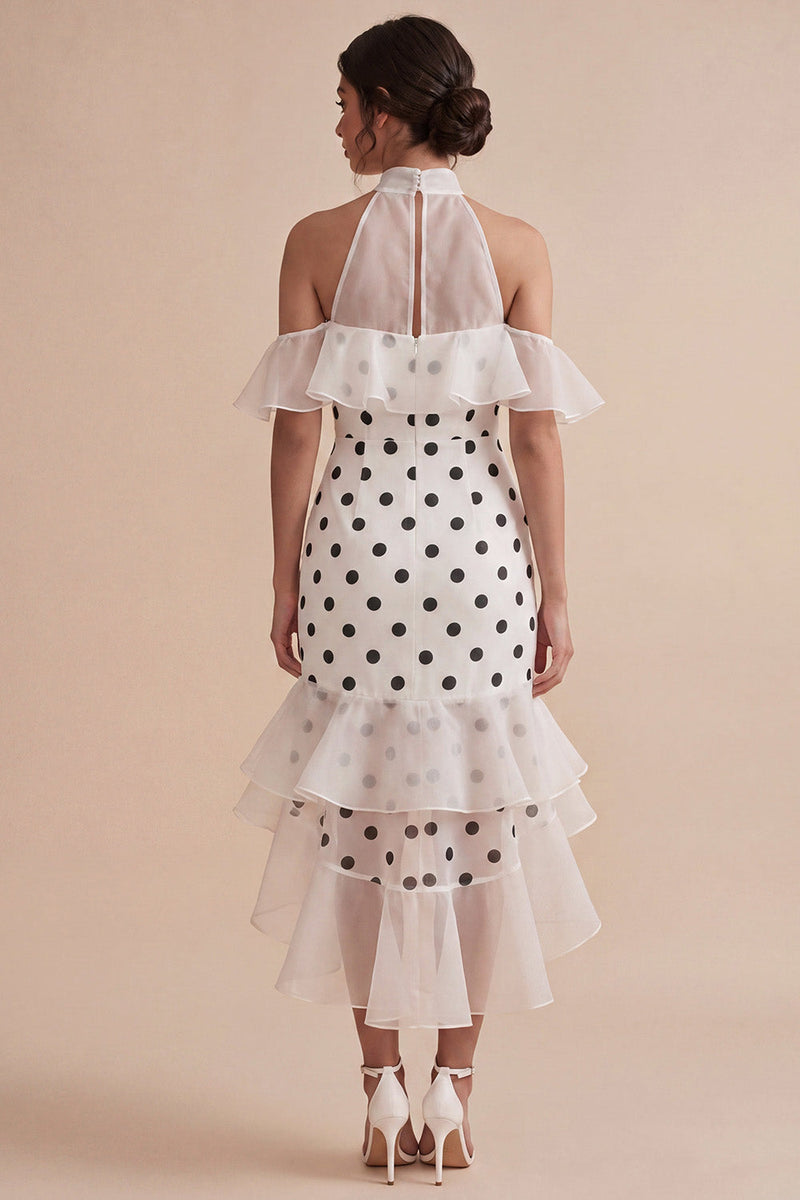 Load image into Gallery viewer, White and Black High Neck High Low Polka Dots Dress with Ruffles