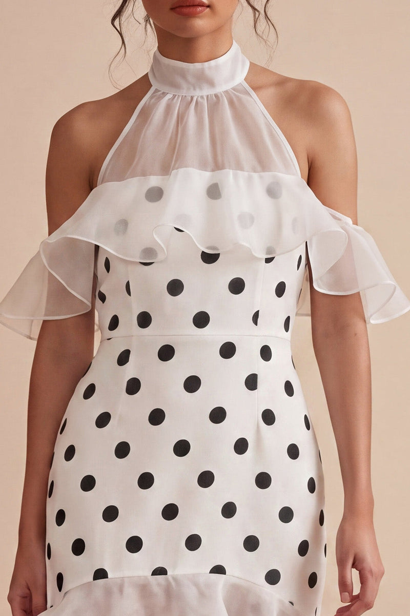 Load image into Gallery viewer, White and Black High Neck High Low Polka Dots Dress with Ruffles