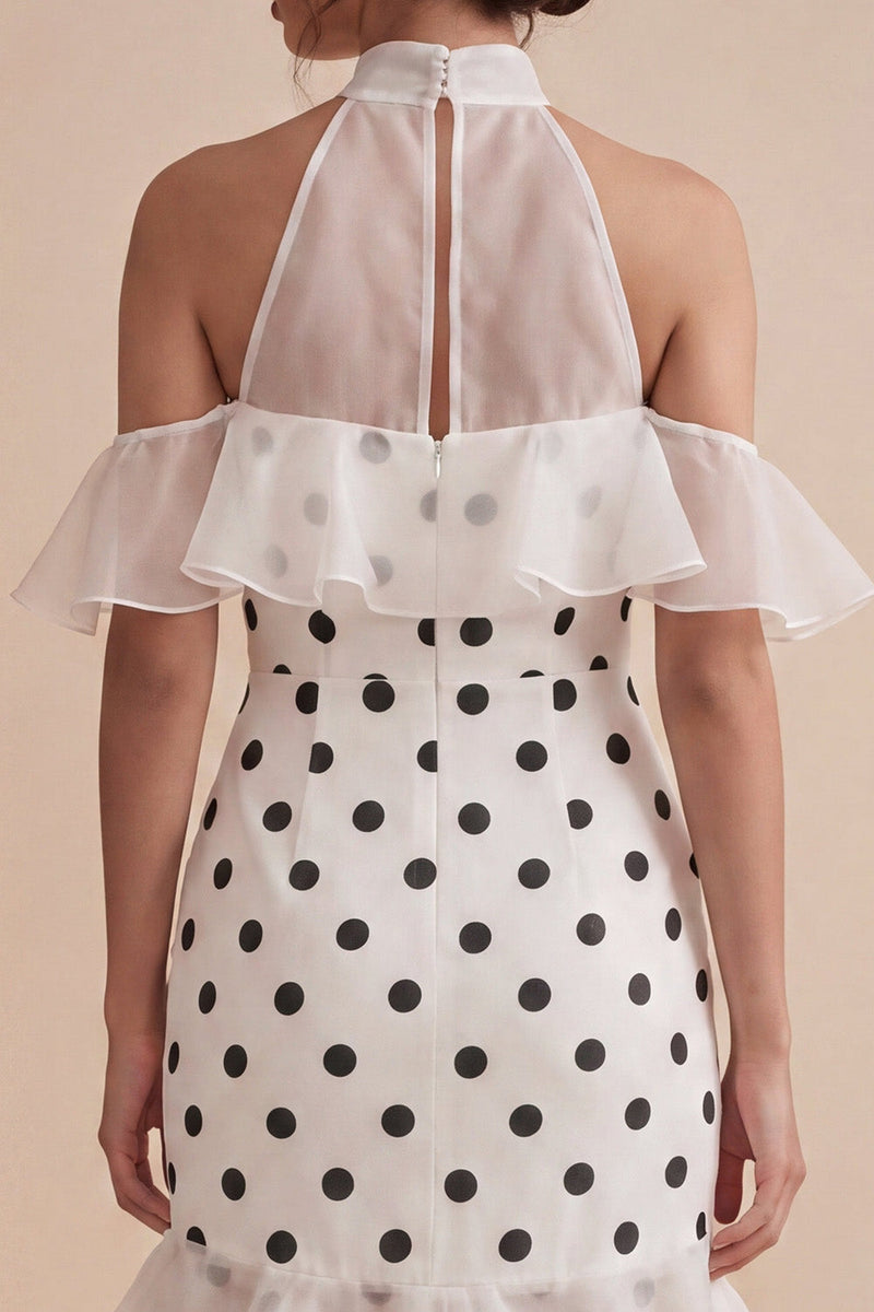 Load image into Gallery viewer, White and Black High Neck High Low Polka Dots Dress with Ruffles