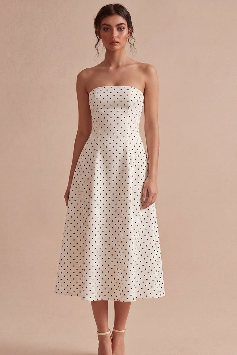 Load image into Gallery viewer, Strapless White and Black A Line Maxi Polka Dots Dress