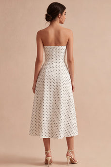 Strapless White and Black A Line Maxi Polka Dots Dress