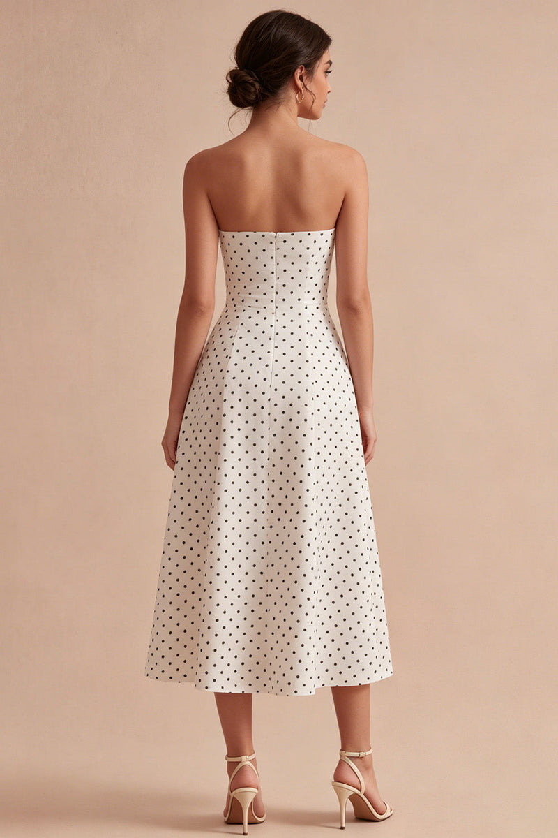 Load image into Gallery viewer, Strapless White and Black A Line Maxi Polka Dots Dress