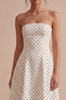 Load image into Gallery viewer, Strapless White and Black A Line Maxi Polka Dots Dress