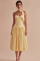 Load image into Gallery viewer, Yellow and Black Maxi A Line Strapless Polka Dots Dress