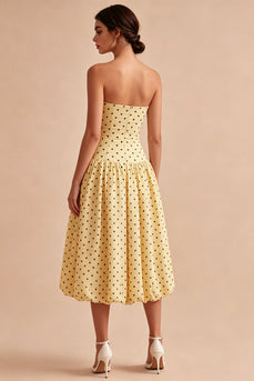 Yellow and Black Maxi A Line Strapless Polka Dots Dress