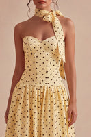 Load image into Gallery viewer, Yellow and Black Maxi A Line Strapless Polka Dots Dress