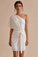 Load image into Gallery viewer, Sparkly White Tight One Shoulder Short Ruched Graduation Dress with Beading