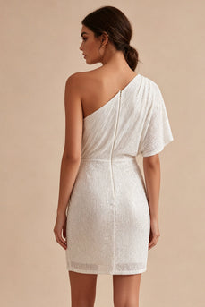 Sparkly White Tight One Shoulder Short Ruched Graduation Dress with Beading