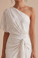 Load image into Gallery viewer, Sparkly White Tight One Shoulder Short Ruched Graduation Dress with Beading