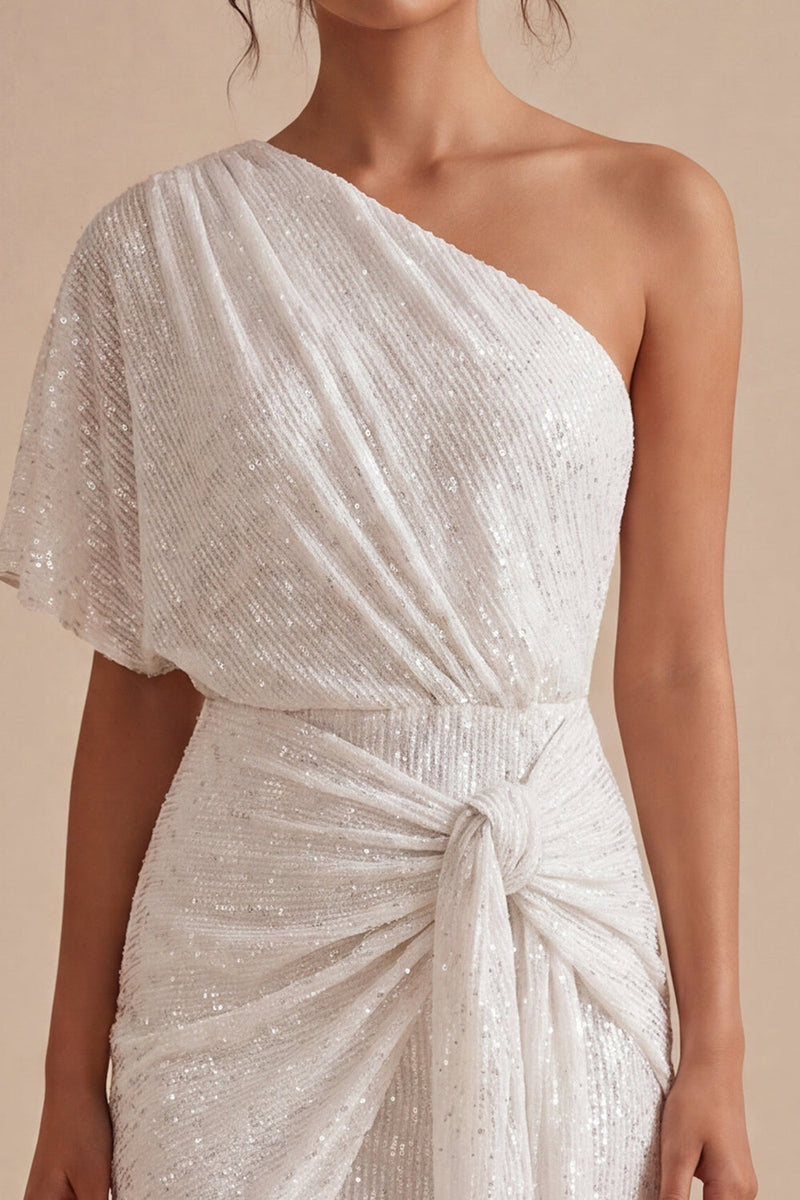 Load image into Gallery viewer, Sparkly White Tight One Shoulder Short Ruched Graduation Dress with Beading