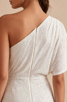 Load image into Gallery viewer, Sparkly White Tight One Shoulder Short Ruched Graduation Dress with Beading