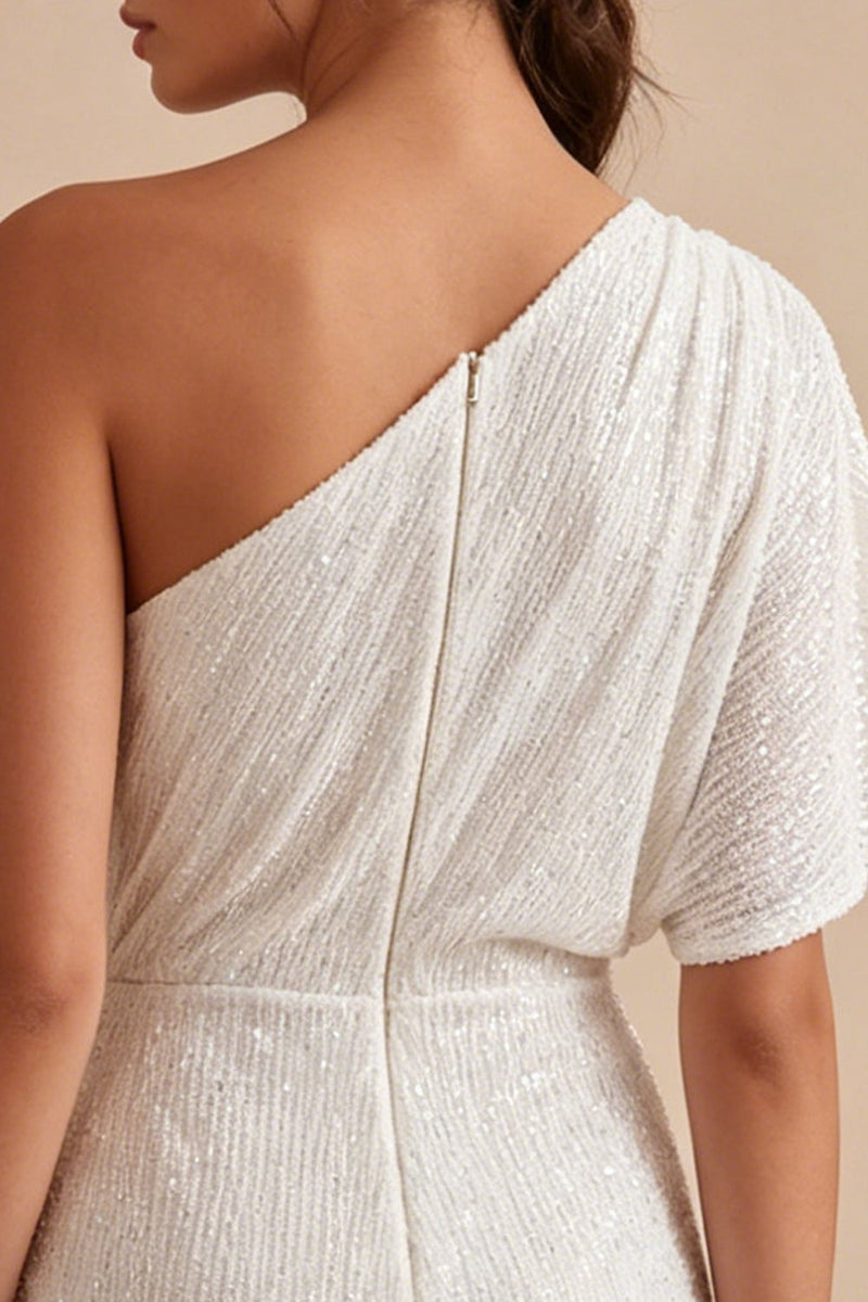 Load image into Gallery viewer, Sparkly White Tight One Shoulder Short Ruched Graduation Dress with Beading