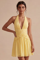 Load image into Gallery viewer, A Line Short Halter Daffodil Ruched Backless Graduation Dress