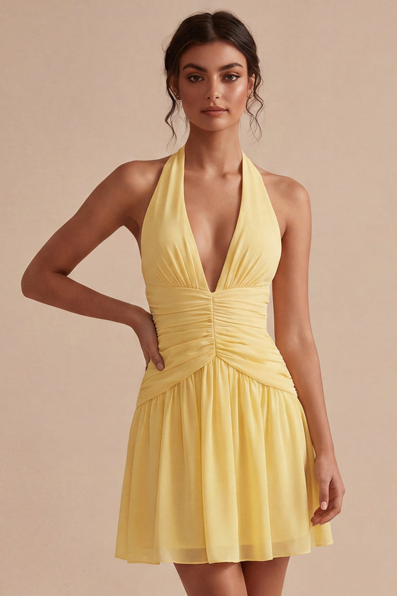 Load image into Gallery viewer, A Line Short Halter Daffodil Ruched Backless Graduation Dress