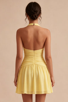 A Line Short Halter Daffodil Ruched Backless Graduation Dress