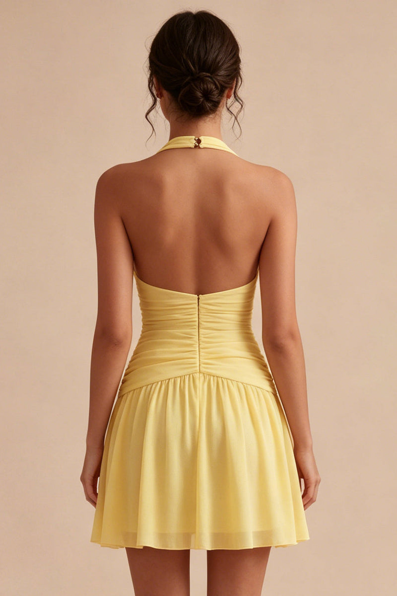 Load image into Gallery viewer, A Line Short Halter Daffodil Ruched Backless Graduation Dress