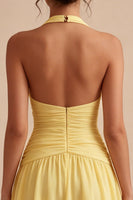 Load image into Gallery viewer, A Line Short Halter Daffodil Ruched Backless Graduation Dress