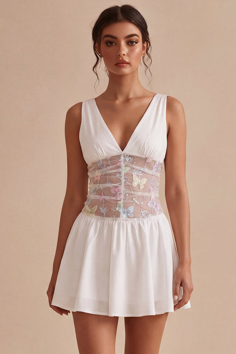 Load image into Gallery viewer, Floral White V-Neck A Line Short Graduation Dress