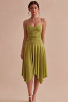 Load image into Gallery viewer, Spaghetti Straps Olive Asymmetrical Ruched A Line Graduation Dress