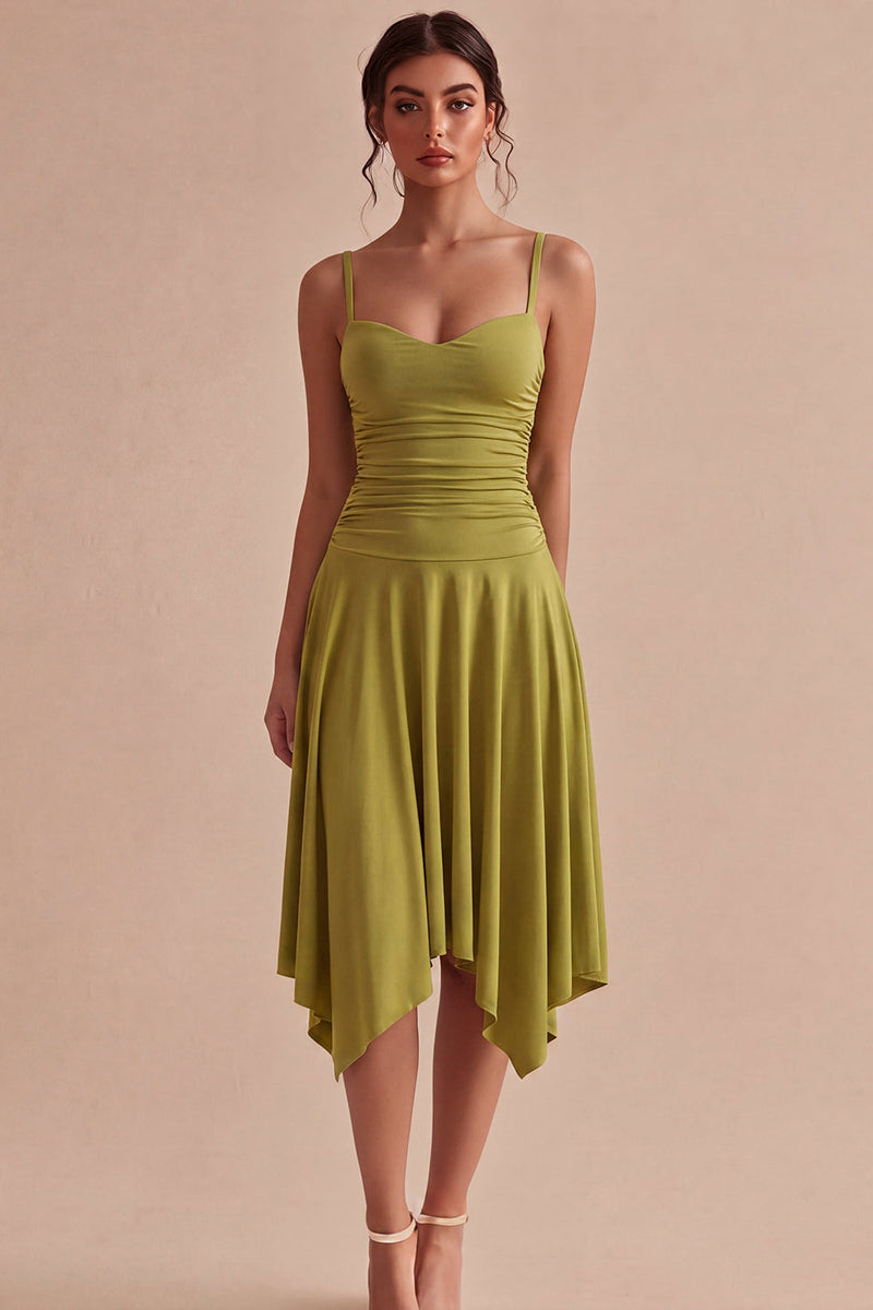 Load image into Gallery viewer, Spaghetti Straps Olive Asymmetrical Ruched A Line Graduation Dress