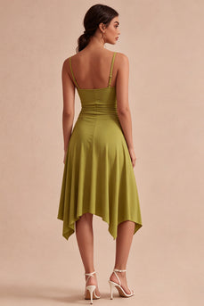 Spaghetti Straps Olive Asymmetrical Ruched A Line Graduation Dress