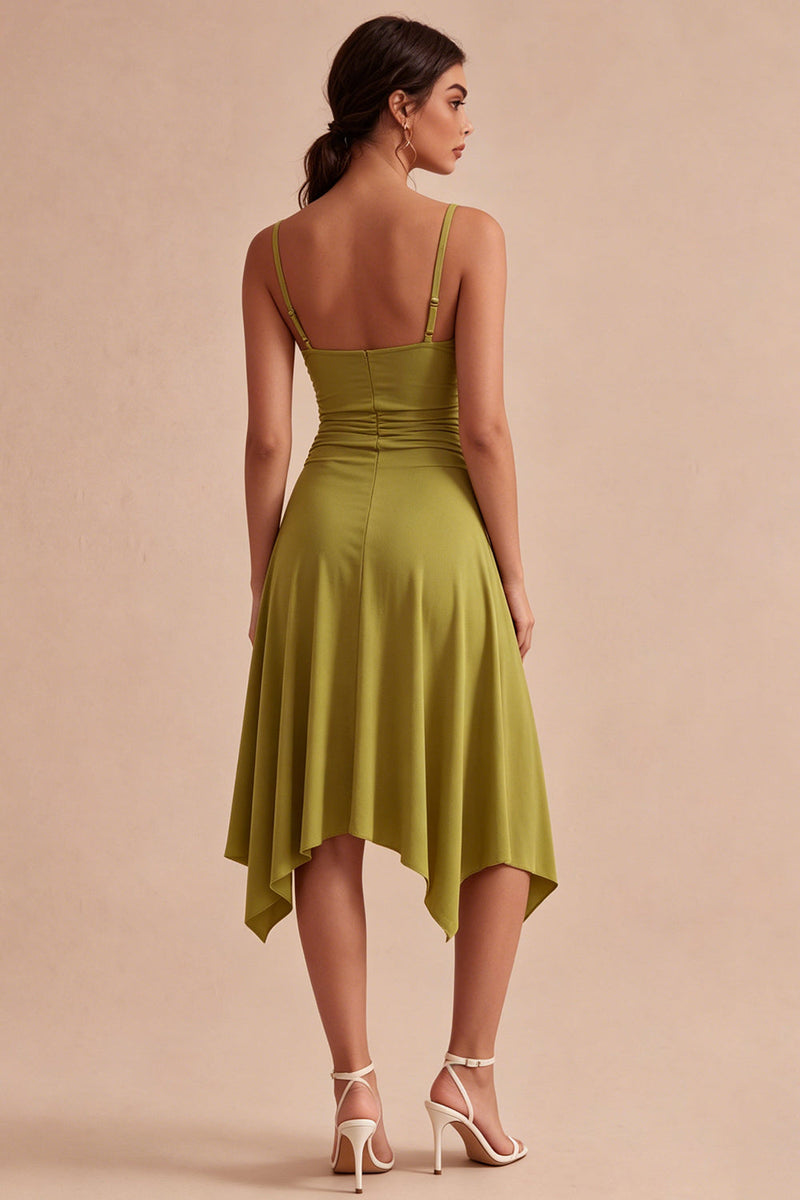 Load image into Gallery viewer, Spaghetti Straps Olive Asymmetrical Ruched A Line Graduation Dress