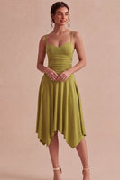 Load image into Gallery viewer, Spaghetti Straps Olive Asymmetrical Ruched A Line Graduation Dress